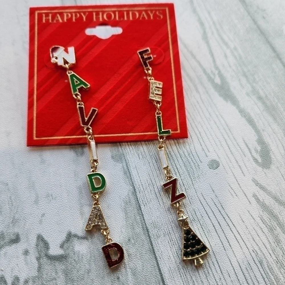 CRYSTAL and Glitter Gold Tone Linear Drop Christmas Feliz Navidad Earrings NWT